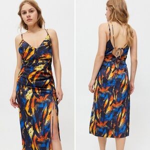 Urban Outfitters Blue Painterly Ruched Satin Slip Midi Dress Size Extra Small